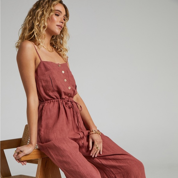 Frances Linen Button Up Jumpsuit in Burnt Rose  - AMALIE THE LABEL - Picture 2 of 7